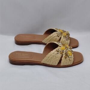 Kate Spade Womens Slide Sandals 9 Natural Raffia Crystal Beaded Boho Luxury Shoe